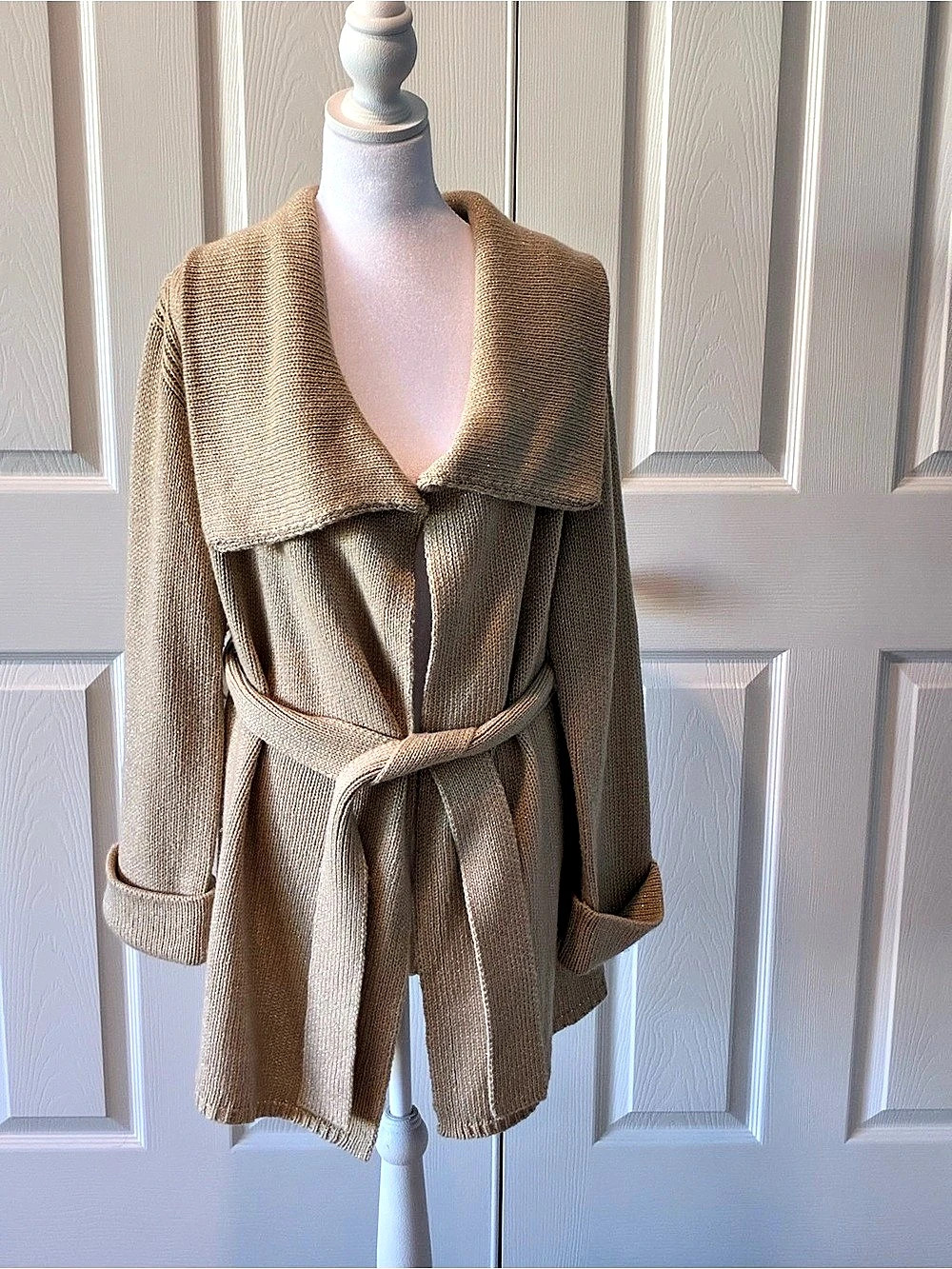 Talbots Belted Open Front Cardigan in Gold Shimmer Size Small